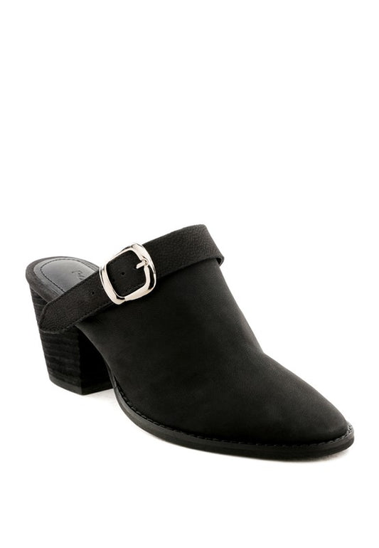 TARRAH STACKED HEEL MULES WITH ADJUSTABLE BUCKLE